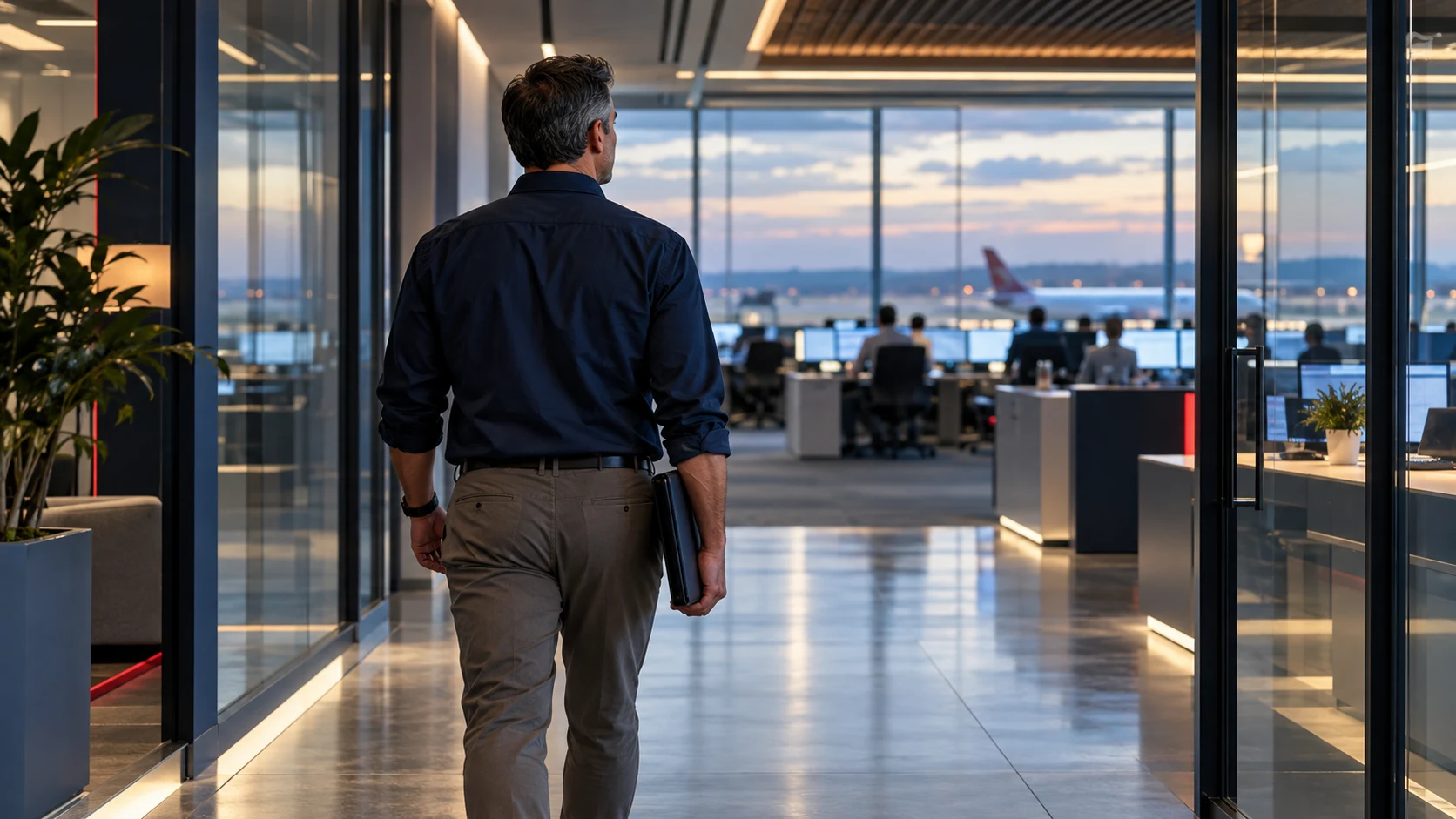 Editorial illustration of an experienced aviation professional walking toward an airline operations room.