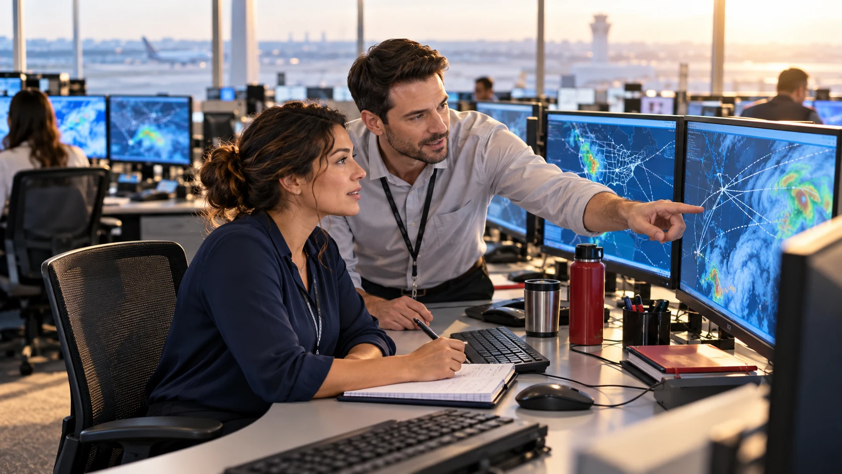Editorial illustration of two aircraft dispatchers reviewing weather displays during a shift handoff.