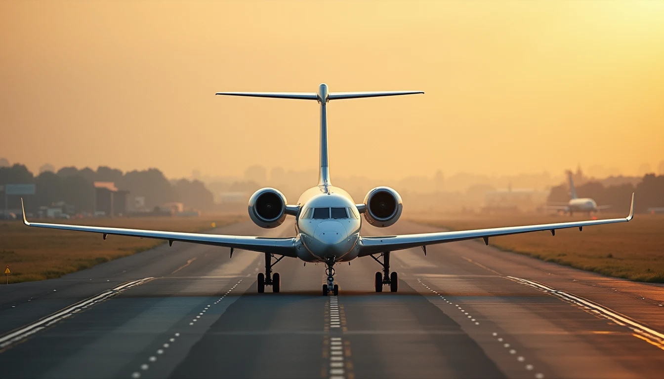 High angle view of an airport runway with an aircraft preparing for takeoff