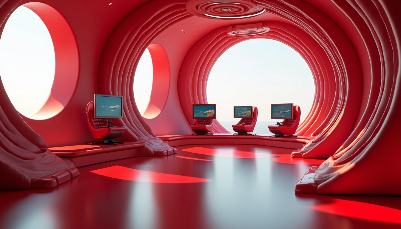 High angle view of aviation academy training room with flight simulators