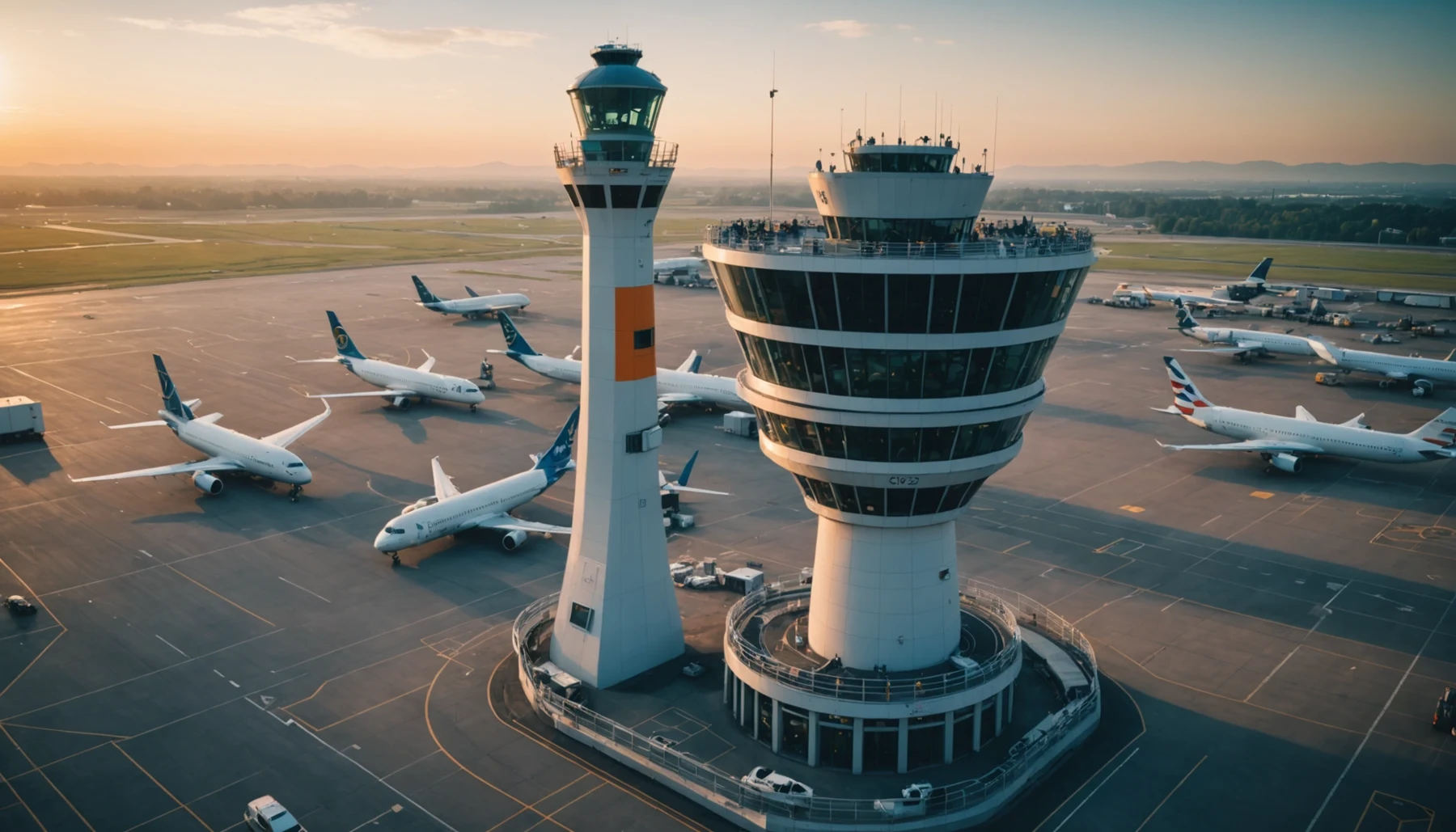 Wide angle view of a busy air traffic control tower