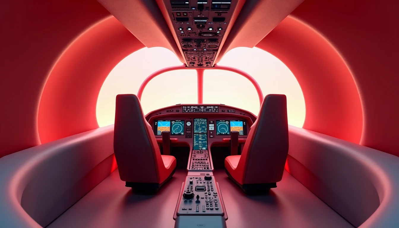 High angle view of a flight simulator cockpit used in aviation training