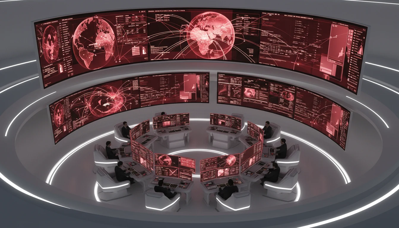 High angle view of a flight operations center with multiple screens displaying flight data