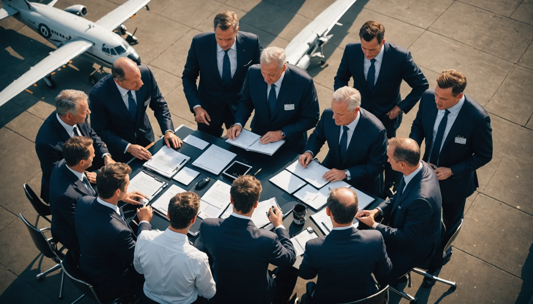 High-angle view of a group of aviation professionals in discussion