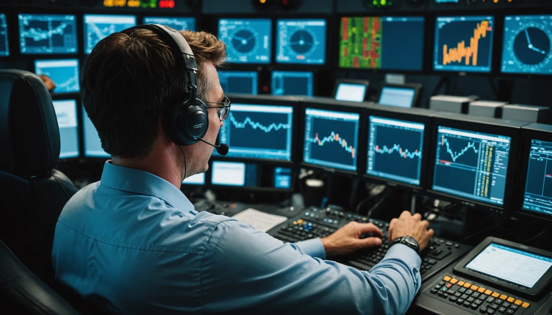 Close-up of an aircraft dispatcher monitoring flight data