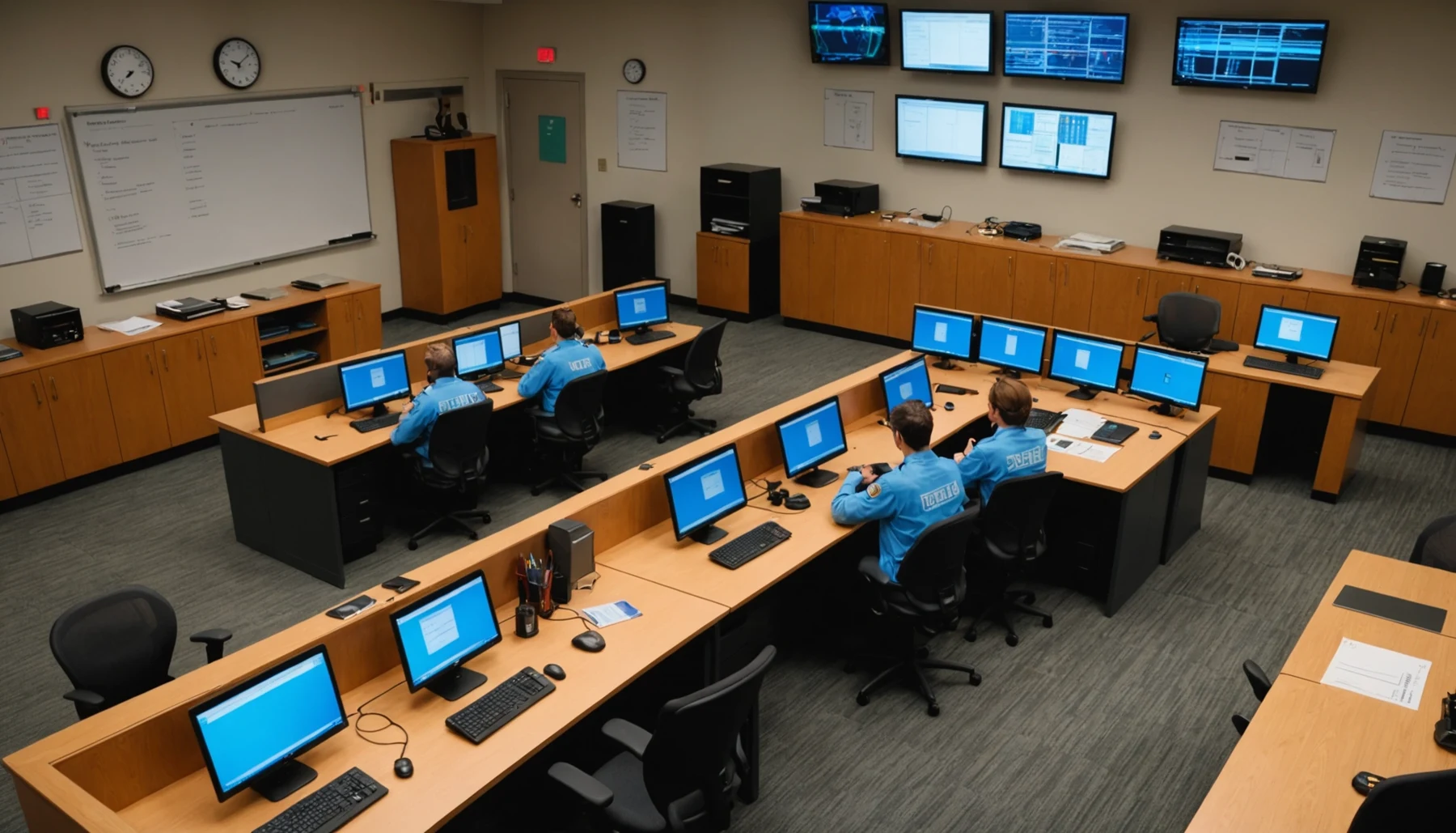 High angle view of a classroom setting during dispatcher training
