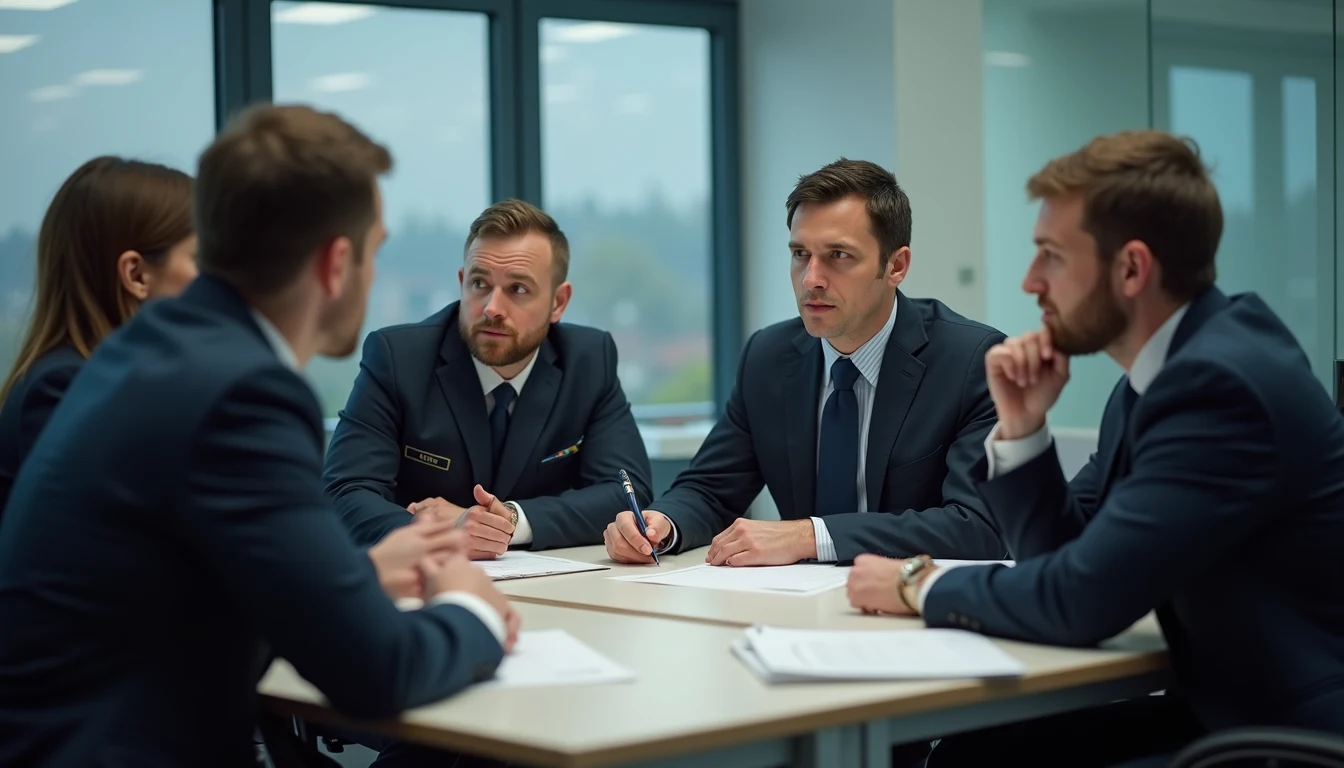 High angle view of a group of dispatch trainees in discussion