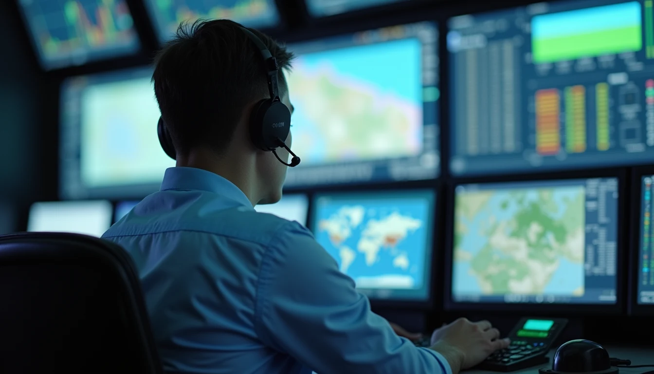 Close-up view of a professional aircraft dispatcher working at a control station