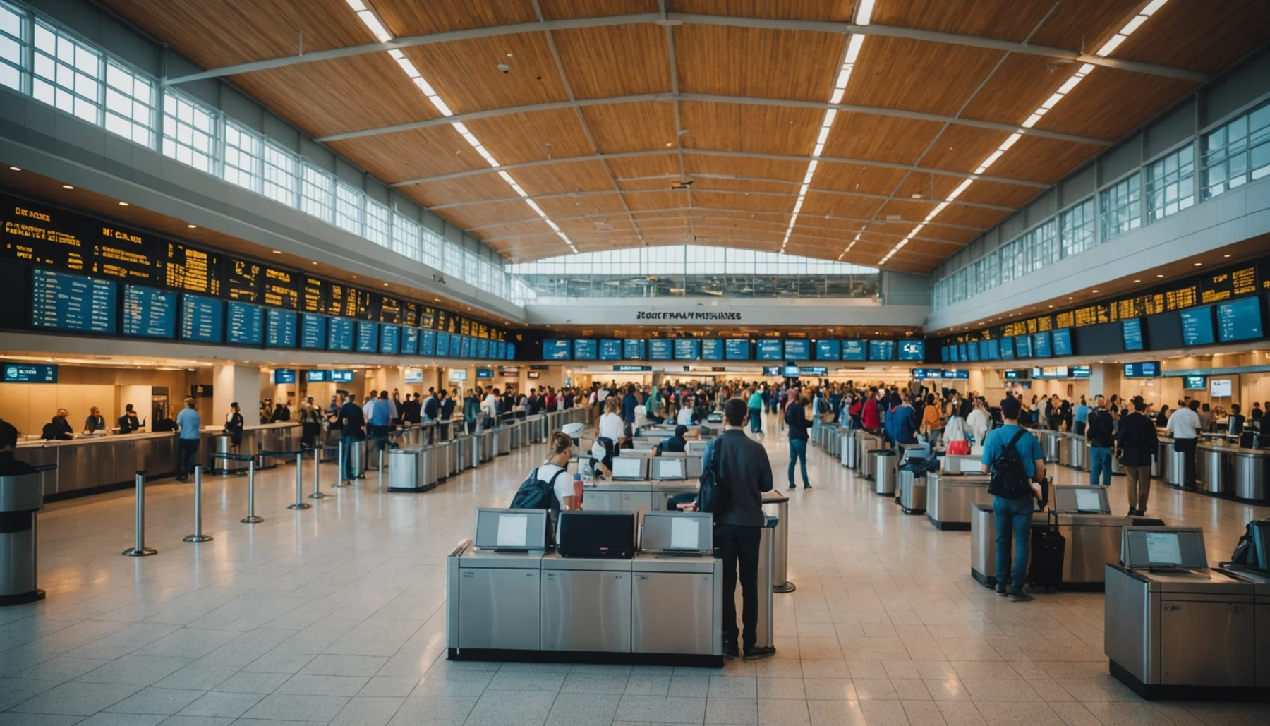 Wide angle view of a bustling airport terminal